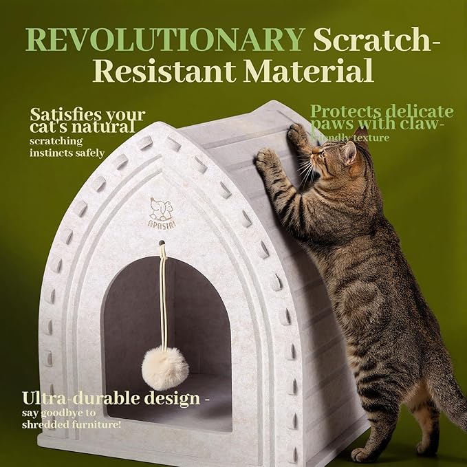 Apasiri Cat House for Indoor Cats: Innovative Polyester Fiber Cat Bed Cave, Sturdy and Scratch-Resistant, Compatible with Heating Pads. Original Castle Design—The Ultimate Gift for Your Feline Friend