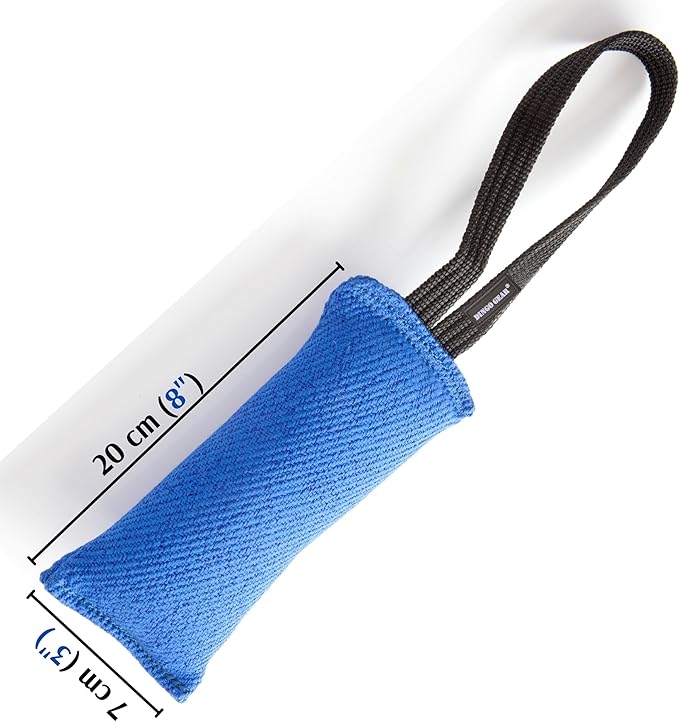 Dingo Gear French Linen tug Toy for Dog, Bumper Toy for Training, Agility, tug of war, bite Pillow for Strong Dog, 1handle 8in Blue S00071