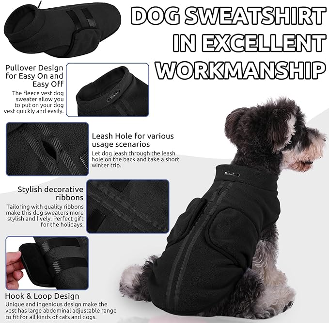 Queenmore Medium Dog Sweaters, Soft Fleece Vest Pullover Dog Jacket with Leash Hole, Warm Winter Dog Clothes Cold Weather Doggy Dachshund Sweater for Medium Dogs Cats Boy or Girl (Black,M)
