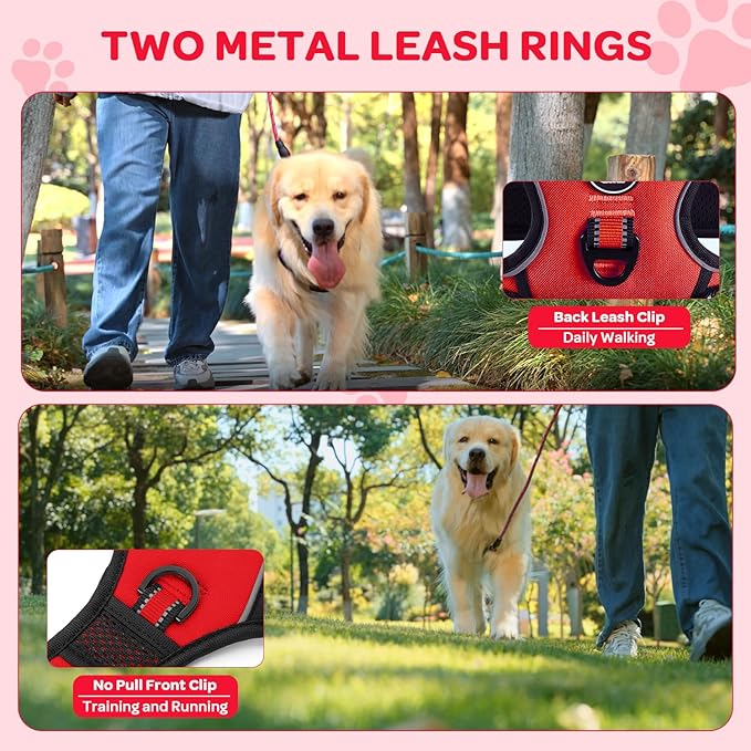 FURRYFECTION Dog Harness | No Pull Dog Harness | Reflective Oxford | Padded Handle | 4 Adjustable Straps | 2 Leash Clips | No Choke Pet Vest Harness for Small Medium Large Dogs | Red | M