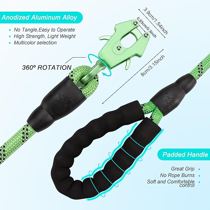 GEIT 2/4/5/6FT Dog Leash, Heavy Duty Rope Leashes, Reflective Nylon Pet Lead with Aluminum Quick Release/Locking Tactical Frog Clip for Small Medium and Large Dogs, Green, 1/2 inch