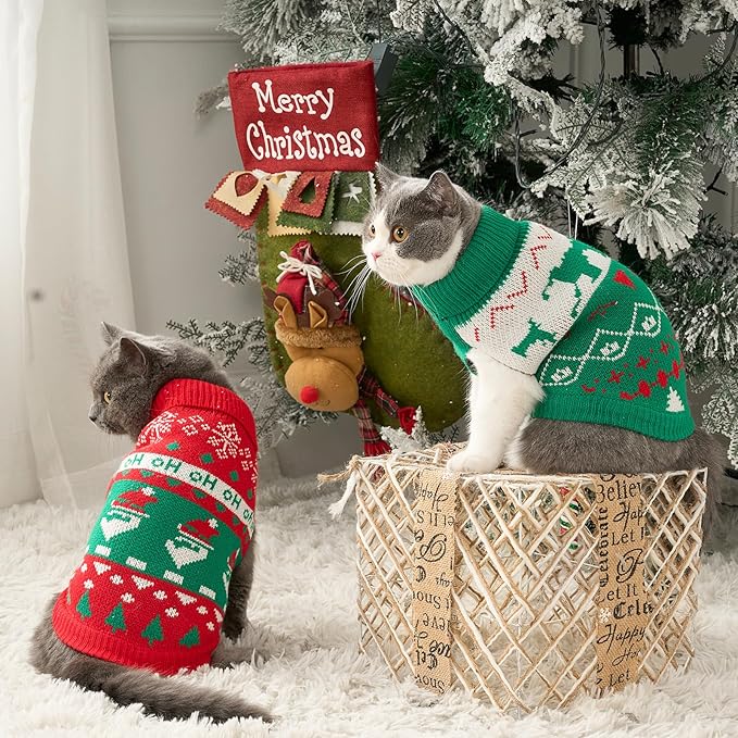 Stretchy Cat Christmas Sweater - 2 Packs Christmas Sweaters for Cats | Snug Winter-Ready Knit for Boy/Girl Cats & Kittens(Scarlet, X-Small)
