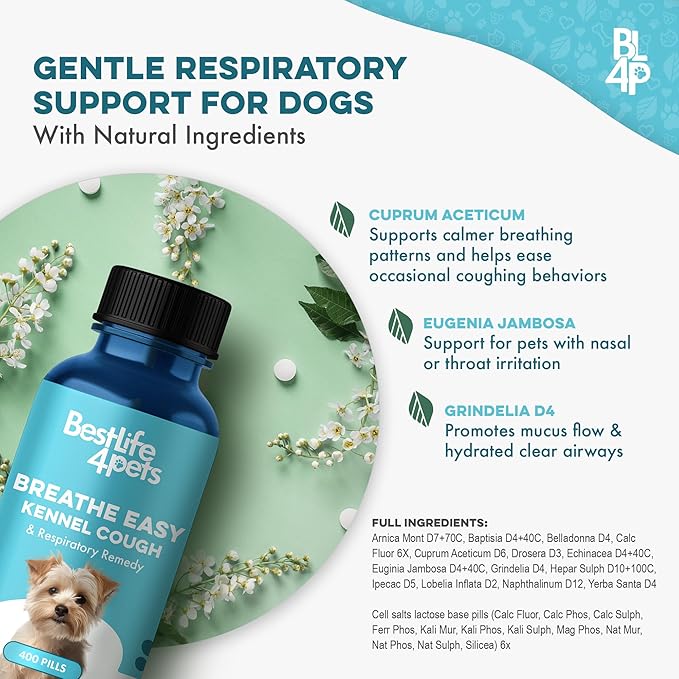 Breathe Easy Natural Cough Relief for Dogs - Gentle Senior Dog Respiratory, Congestion and Sneezing Relief Plus Trachea and Airway Support for Brachycephalic Dogs Ensures Calm Walks & Restful Sleep