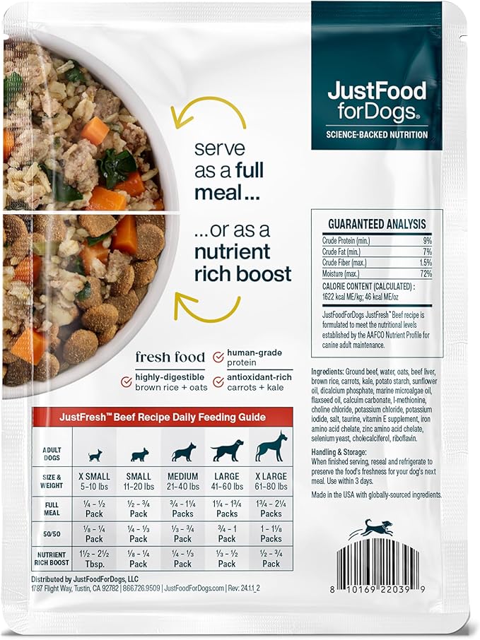 JustFoodForDogs JustFresh Wet Dog Food, Fresh Pet Meals and Toppers with No Preservatives, Resealable Package, Human Grade, Home-Cooked Beef, 12 oz - 7 Pack