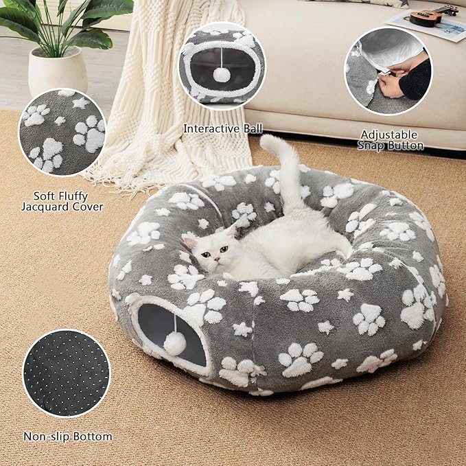 Cat Tunnel for Indoor Cats, Cute Peekaboo Cave with Dangling Balls, Pet Donut Tunnel Bed with Circle Mat for Puppy Kitten Rabbit, Grey