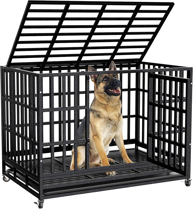 Enhanced Heavy Duty Dog Kennel Crate Cage with Strong Metal Frame, Double Doors and Lockable Wheels, for Extra Large Dog Breeds, Pet Playpen (Square, 48 inch)