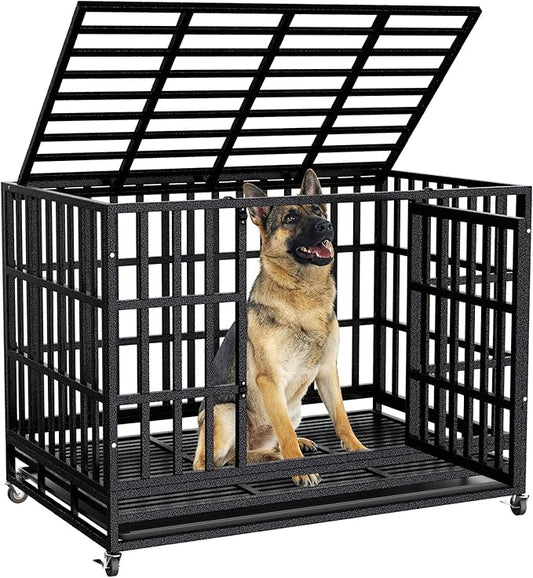 Enhanced Heavy Duty Dog Kennel Crate Cage with Strong Metal Frame, Double Doors and Lockable Wheels, for Extra Large Dog Breeds, Pet Playpen (Square, 48 inch)