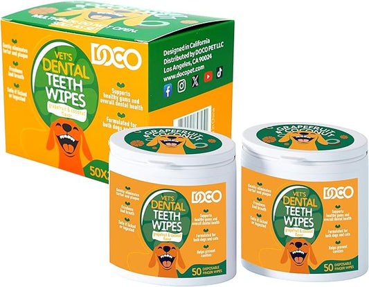 DOCO Dog Teeth Cleaning Wipes - Dog Tooth Brushing Kit, Remove Plaque & Tartar, Freshen Breath, Easy Pet Tooth Cleaning Kit for Oral Care, Ideal for Cat Owners - Coconut & Grapefruit Flavor, 100 ct.