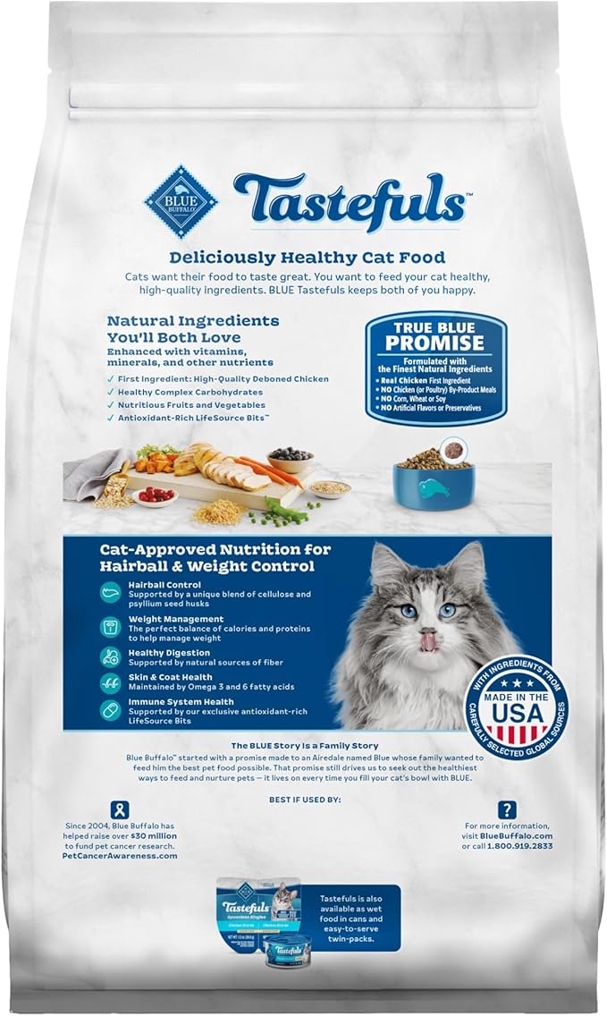 Blue Buffalo Tastefuls Weight & Hairball Control Natural Dry Food for Adult Cats, 3-lb. Bag