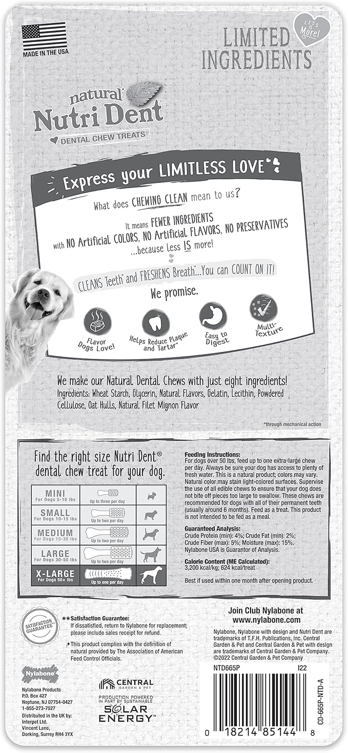 Nylabone Nutri Dent Dog Dental Chews - Natural Dog Teeth Cleaning & Breath Freshener - Dental Treats for Dogs - Filet Mignon Flavor, X-Large (1 Count)