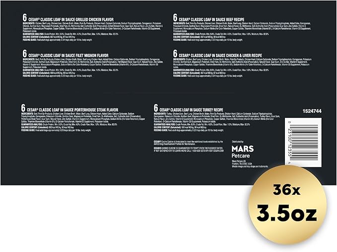 Cesar Wet Dog Food Classic Loaf in Sauce Grilled Chicken, Filet Mignon, Porterhouse Steak, Beef, Chicken & Liver and Turkey Variety Pack 3.5 oz. Easy Peel Trays (36 Count, Pack of 1)