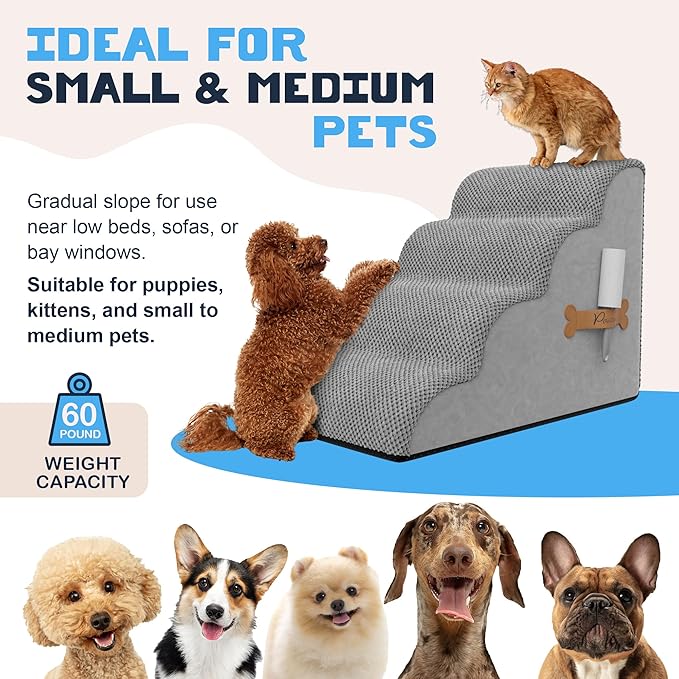 PAWZY Foam Pet Stairs for Small Dogs & Cats – 4-Step Dog Ramp 20” High, Wide Non-Slip Steps for Bed & Couch – Washable Pre-Fitted Cover (no Assembly Required), Waterproof Base – Grey
