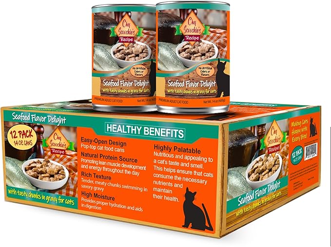 Scoochie Pet Products Chef Scoochie's Tender Seafood Chunks in Gravy Wet Cat Food - Easy Open Pop-Top Cans - Protein & Essential Nutrients - Gourmet Meal for Indoor & Outdoor Cats 12 Cans (14 oz e.)