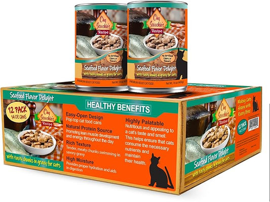 Scoochie Pet Products Chef Scoochie's Tender Seafood Chunks in Gravy Wet Cat Food - Easy Open Pop-Top Cans - Protein & Essential Nutrients - Gourmet Meal for Indoor & Outdoor Cats 12 Cans (14 oz e.)
