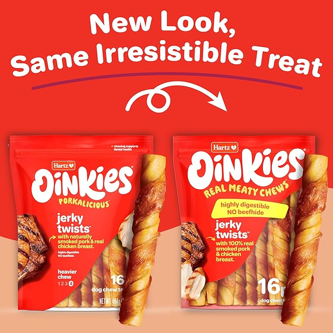 Hartz Oinkies Porkalicious Smoked Pig Skin Jerky Twists Dog Treats, 16pk