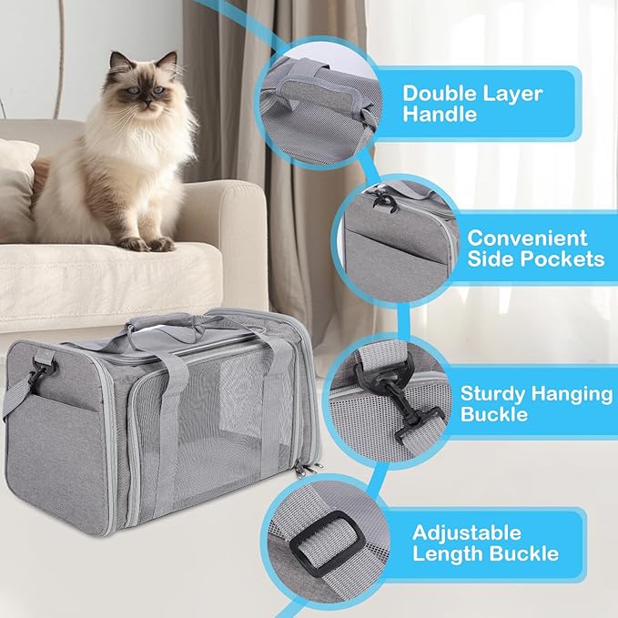 Cat Carrier Soft, Collapsible Cat Bag Carrier, TSA Airline Approved Pet Carrier for Cats with Removable Mat, Breathable Pet Travel Carrier for Small Medium Adult Pussy & Small Dogs (Grey)
