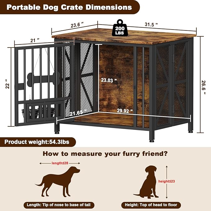 Easycom Dog Crate Furniture, 31.5" Assembly-Free Dog Crates for Small & Medium Dogs, Foldable Dog Kennel Indoor with Tag & Adjustable Dog Bowls, Wooden Dog Cage Use as End Table, Rustic Brown