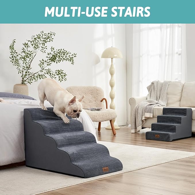Extra Wide Dog Stairs 19.7" Width, Large Pet Step for Small Medium Dog, Puppy or Cat, Ramp for High Bed or Car, High Density Foam Ladder, Stable, 5 Step, 19.7x33x22.4 in, Charcoal Grey