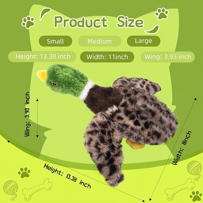 Duck Dog Squeaky Toy for Aggressive Chewers - No Stuffing Durable Plush with 4 Squeakers & Crinkle Wings, Chew Proof Puppy Toys for Small Medium Large Dogs (Green & Brown)