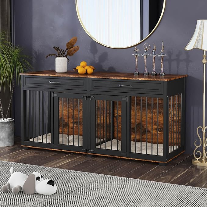 64.6" Furniture Dog Crate,Heavy Duty Wooden Dog Cage Furniture,Indoor Dog Kennel with Drawers & Removable Divider,Luxury Dog House w/Double Rooms for Small Medium Dogs,Rustic Brown