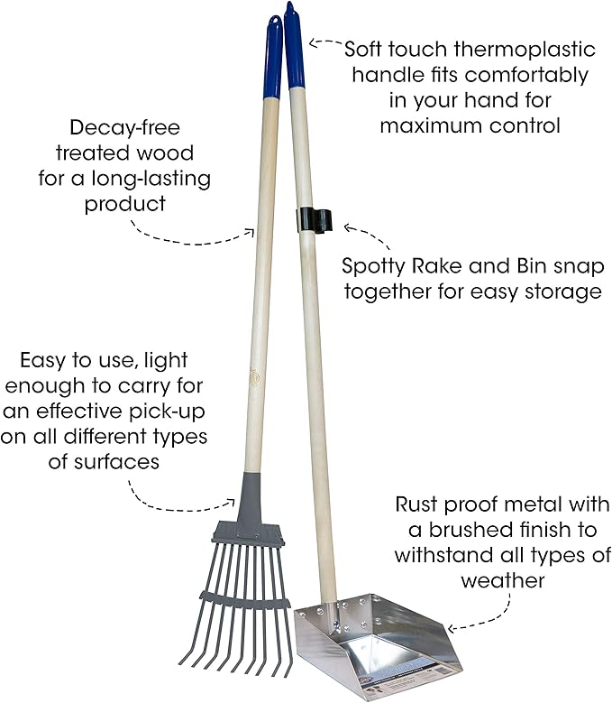 Spotty Wood Handle Pooper Scooper Durable Solid Metal Poop Tray with Rake 36.75" Long Handled Scoop | Great for Large or Small Dogs | No Assembly Required | Better for The Environment Than Plastic