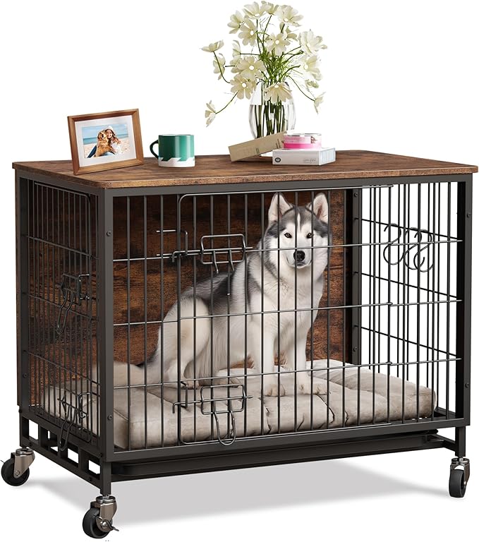 Dog Crate Furniture, 32.5" Wooden Dog Crate Furniture Side End Table, Indoor Kennel with Double Doors, Crates for Medium Dogs, Rustic Brown