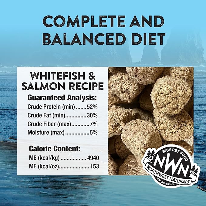 Northwest Naturals Freeze-Dried Whitefish & Salmon Dog Food - Bite-Sized Nuggets - Grain-Free, High-Protein, Raw Diet, Human-Grade Ingredients, All Natural, Omega-3 for Skin & Coat, Made in USA, 12 Oz