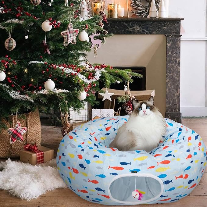 Ownpets Large Cat Tunnel Bed for for All Seasons, Soft Cat Donut Tunnel with Washable Cushion, Round Pet Pet Play Tunnel Toy for Kitten, Puppy, Rabbit, Blue