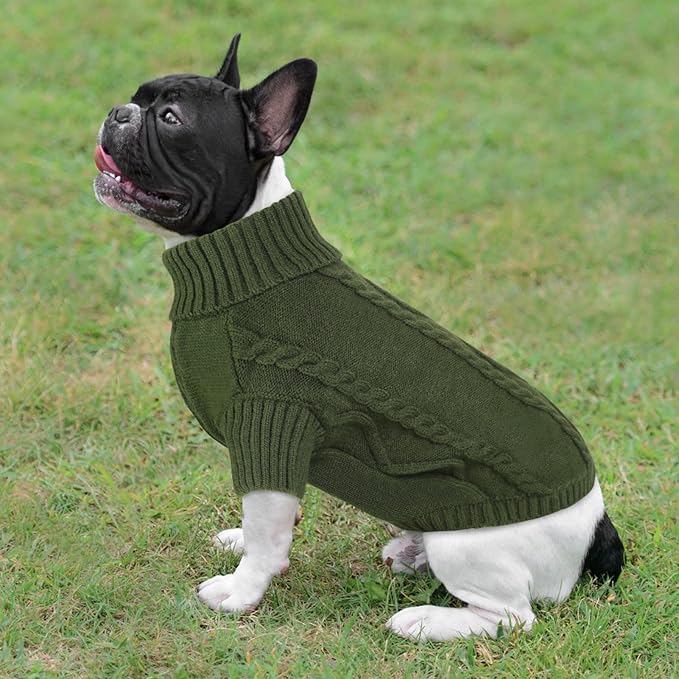 Queenmore Small Dog Pullover Sweater, Cold Weather Cable Knitwear, Classic Turtleneck Thick Warm Clothes for Chihuahua, Bulldog, Dachshund, Pug (Army Green, X-Large)