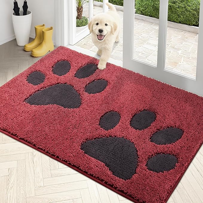 PURRUGS Dirt Trapping Door Mat 33.5" x 59", Non-Skid/Slip Machine Washable Microfiber Entryway Rug, Dog Doormat, Super Absorbent Welcome Mat for Muddy Wet Shoes and Paws, Burgundy Red