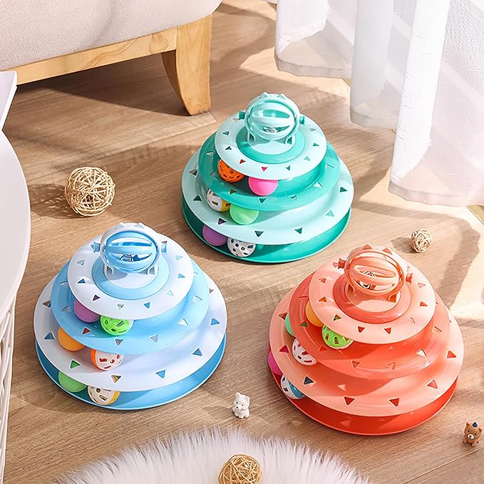 Vealind Cat Toy Roller 4-Level Turntable Cat Toys Balls with Colorful Pom Pom Balls Interactive Fun Mental Physical Exercise Puzzle Kitten Toys (Green)
