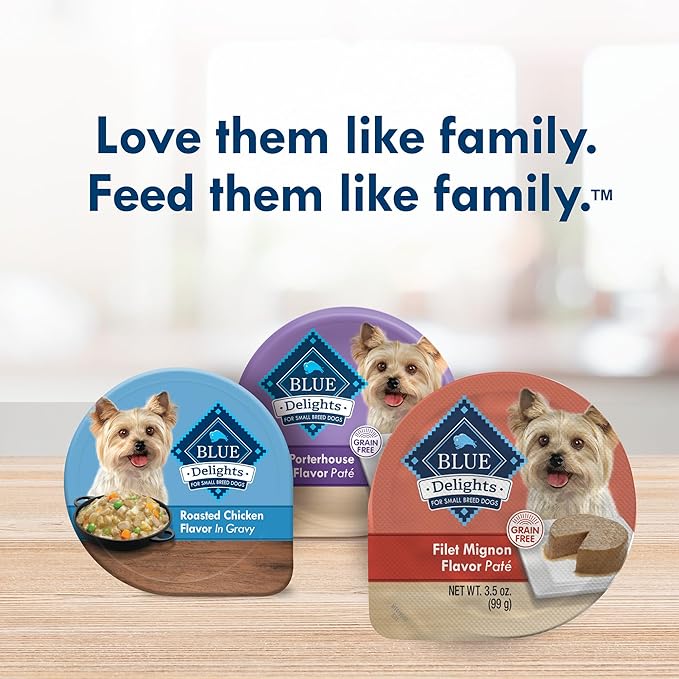 Blue Buffalo Delights Natural Adult Small Breed Wet Dog Food Cups, Pate Style, Filet Mignon Flavor in Savory Juice 3.5-oz (Pack of 12)