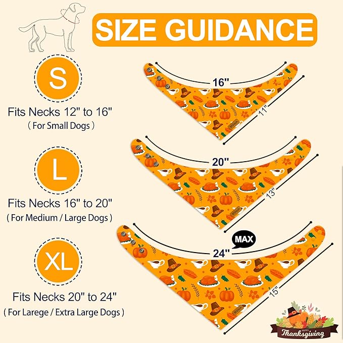 Thanksgiving Dog Bandanas with Snap Button, 2 Pack Adjustable Fall Bandanas for Small, Medium, and Large Dogs, Pumpkin Pet Scarf for Autumn Costume Accessory & Photo Shoot (X-Large)