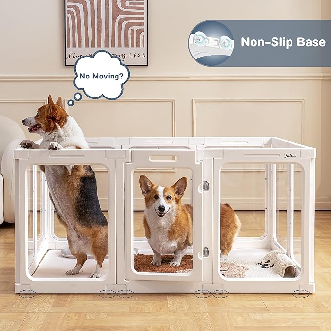 Jalove Acrylic Dog Playpen Indoor, 24“ H Plastic Pet Playpen with Door, Clear Pet Play Pen for Puppy Cat Rabbit Ferret, Easy Assemble Dog Pen, Preferable for Small Cage, White 10 PCS