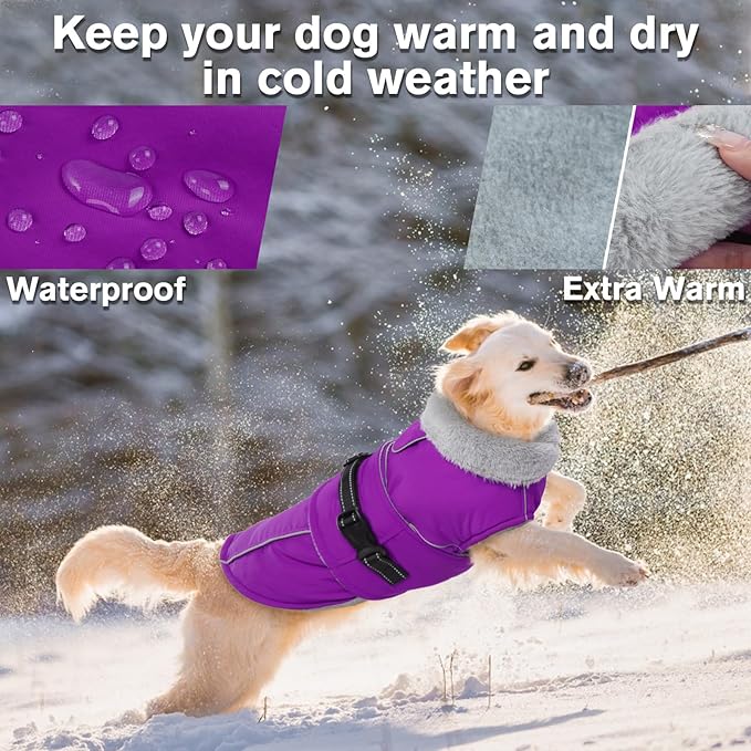 Lelepet Warm Dog Coat Reflective Fleece Vest Waterproof Dog Jacket with Adjustable Buckle Hook & Loop Windproof Cold Weather Coats for Small Medium Large Dogs, Purple, XXL