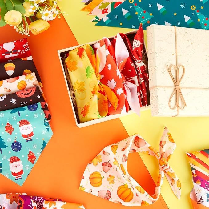 Chunful 120 Pcs Holiday Dog Bandanas Bulk for Fall Thanksgiving Halloween Christmas with Maple Leaf Pumpkin Ghost Snowman Adjustable Triangle Pet Scarf for Small Medium Large (25.6x17.7x17.7 in)