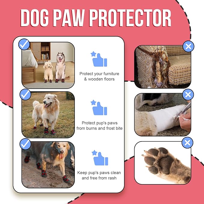 Dog Shoes for Large Medium Size Dogs, Waterproof Anti Slip Red Dog Boots&Paw Protectors for Winter Snow, Summer Hot Pavement, Dog Booties for Outdoor Walking Hiking Hardwood Floor