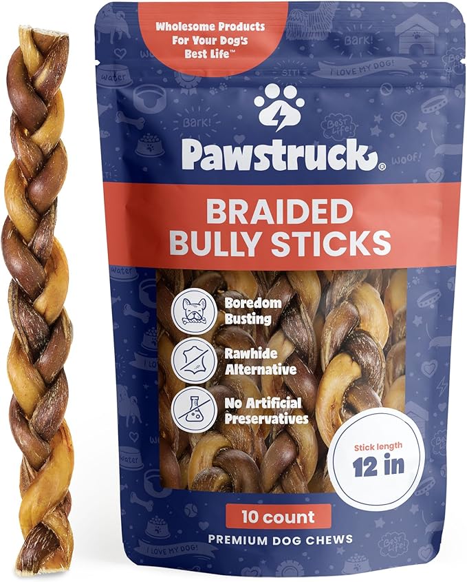 Pawstruck Natural 12” Braided Bully Sticks for Dogs - Tough, Long-Lasting, Rawhide-Free, Low Odor, Healthy Single Ingredient Chew Treat for Aggressive Chewers - 10 Count - Packaging May Vary