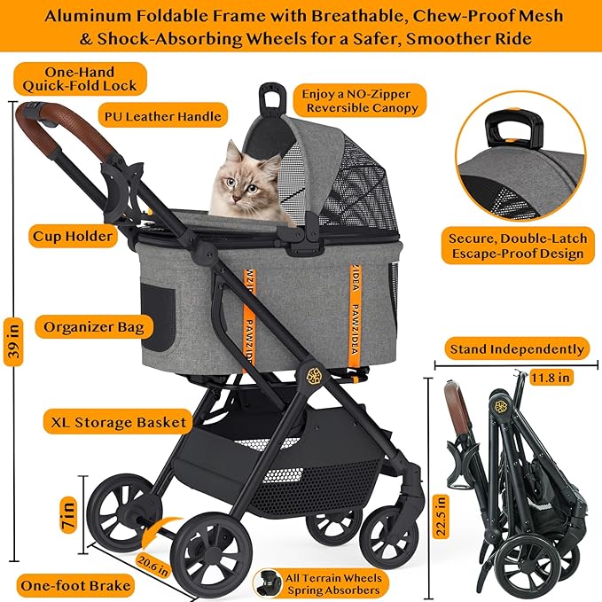 PAWZIDEA Pet Stroller 4 in 1, Dog Strollers with Detachable Carrier No-Zip Canopy, Portable Pet Crate for Car Seat Travel, Foldable & Lightweight Jogger for Small/Medium Dogs and Cats, Storage Basket