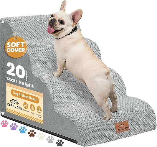 Dog Ramp and Stair for Bed 16" H-20 H,3-Step Cat Stair for Sofa and Chair,4-Step Dog Ramp for High Bed and Window,Durable Nonslip Fabric Cover for Indoor (Light Grey-16 H, Pet Friendly, 3)