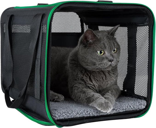 petisfam Easy Load Pet Carrier Bag for Medium and Large Cats with Durable Double-Thickness Fabric and Stable Structure. Black w/Green Trim, L