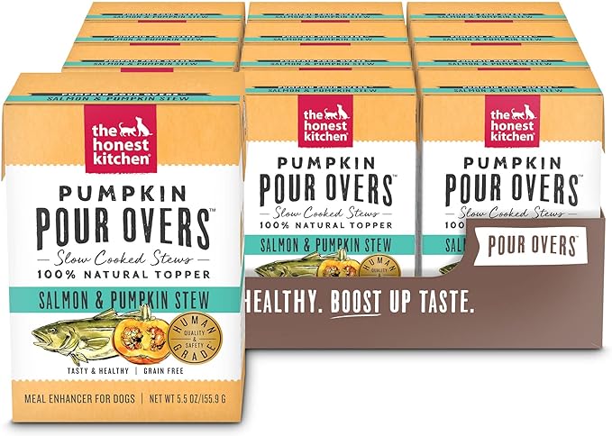 The Honest Kitchen Pumpkin POUR OVERS Wet Toppers for Dogs (12 Pack), 5.5 oz - Salmon Stew