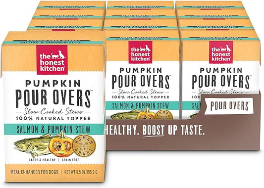 The Honest Kitchen Pumpkin POUR OVERS Wet Toppers for Dogs (12 Pack), 5.5 oz - Salmon Stew