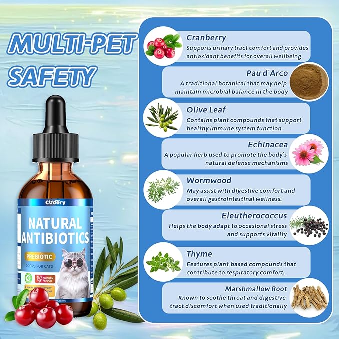 Natural Antibiotics for Cats, Cat Antibiotics Supplement for Allergy Itch Relief, Immune Support, Skin Issue, UTI, Natural Herbal Supports for Cats All Breeds and Ages-Chicken Flavor | 2 fl oz