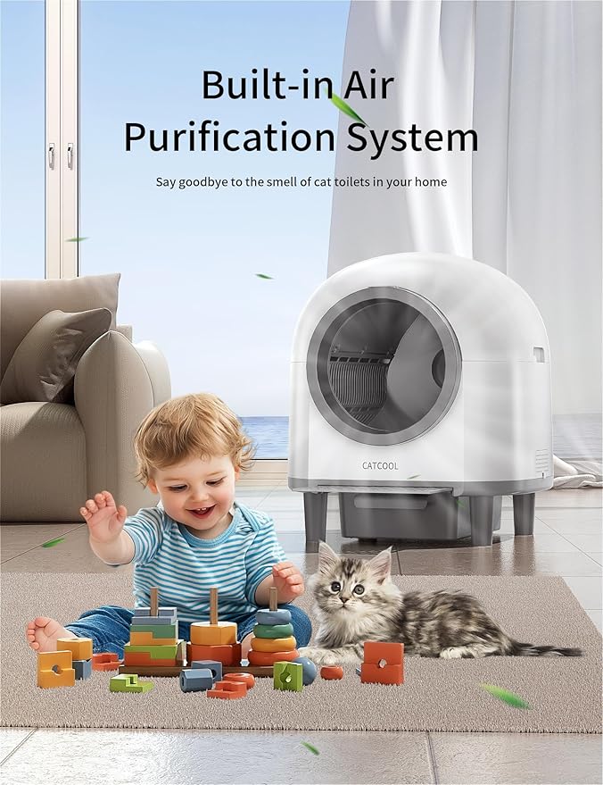 Automatic Cat Litter Box Self Cleaning,Smart Litter Box with 10 Safety Sensor Radars,100L Electric Cat Litter Boxes with Stairs for Multiple Cats,APP-Control,Advanced Odor Control OMCPET (White)