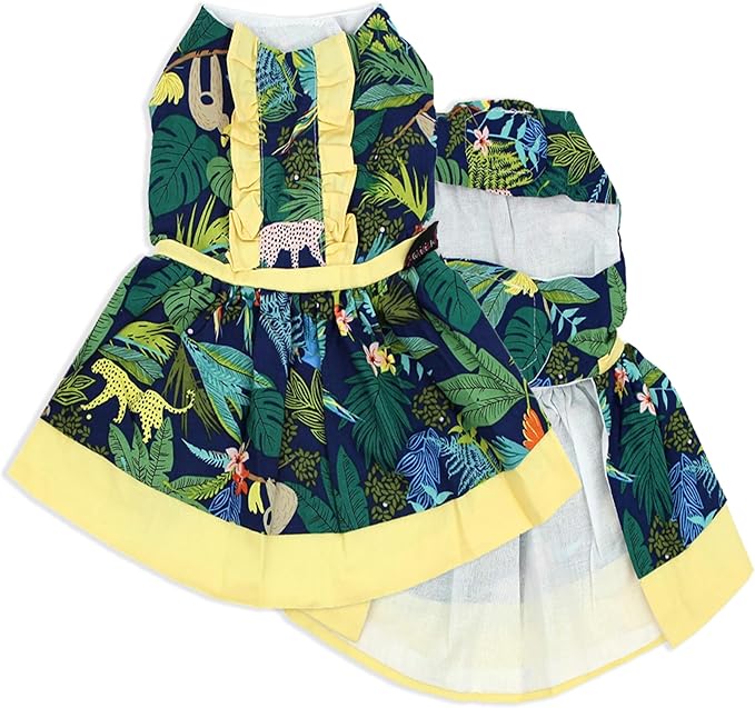 Parisian Pet Amazonia Dress - Leafy Summer Clothes for Dogs - Magic Strap Closure Beach Outfit - Lightweight Dressy Outfit - Dresses for Medium Dogs Girl M