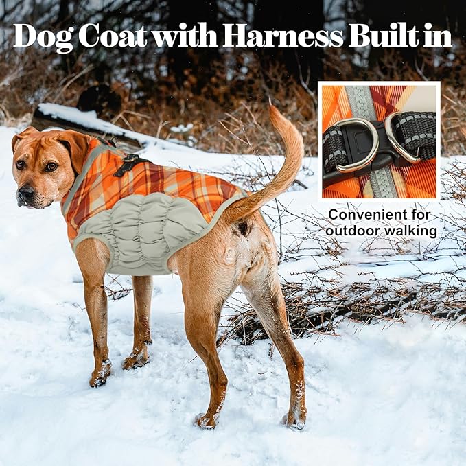 Lelepet Warm Dog Winter Coat Dog Coats for Large Dogs Waterproof Dogs Jacket with Harness Built in Reflective Cold Weather Coats Zip-Up Winter Fleece Vest Snowsuit Boston Terrier Orange Plaid L