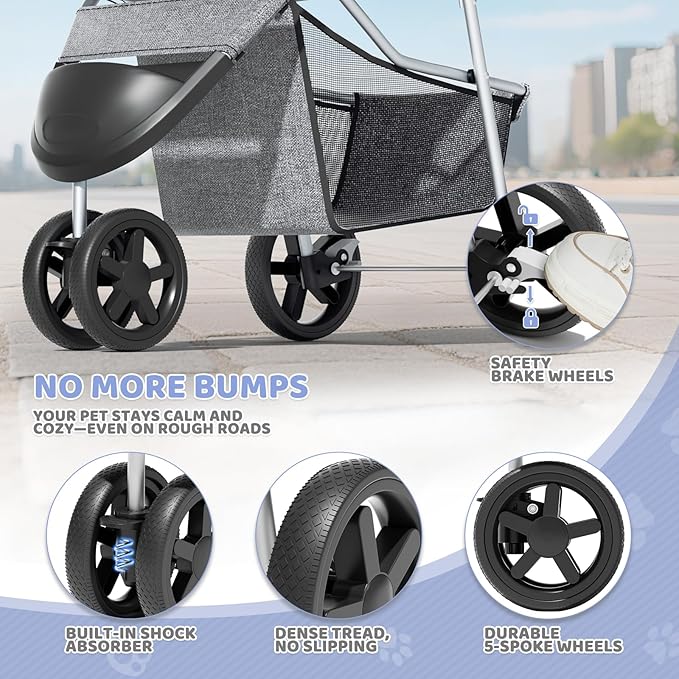 Magshion 3-Wheel Pet Stroller, Foldable Travel Jogger for Small & Medium Dogs & Cats (Up to 33lbs), Lightweight Carrier with Breathable Mesh Cover, Cup Holder & Storage Basket, Gray