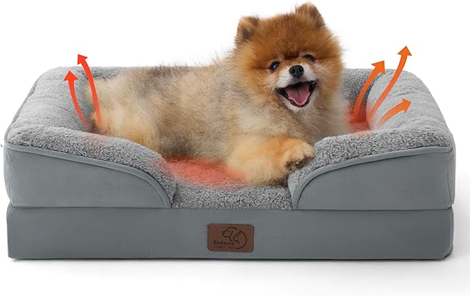 Bedsure Self Warming Orthopedic Dogs Bed for Small Dogs - Washable Small Dog Bed Waterproof, Comfort Pet Couch with Removable Cover, Supportive Foam Pets Sofa with Nonskid Bottom, Grey