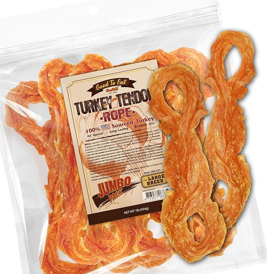 Gootoe Turkey Tendon Dog Treats, Rope (L) 1 lb, USA-Sourced Turkey Tendon, Natural Snack, Premium Puppy Chews, Hypoallergenic, Rawhide Free, Reseal Value Bag, Sizes for Large Dogs